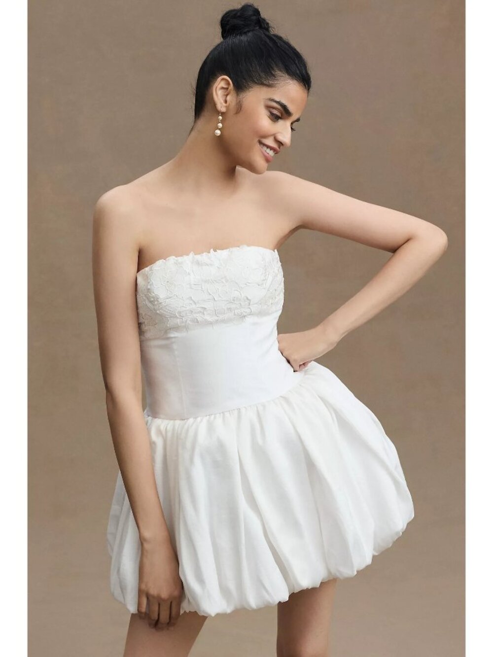 BHLDN Anthropologie Strapless Floral Applique Bubble Hem White Mini Dress 4 - Picture 3 of 16